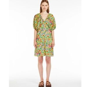 Max Mara Weekend Curvone Cotton Yellow Floral V-Neck Belted Flare Dress NWT $485